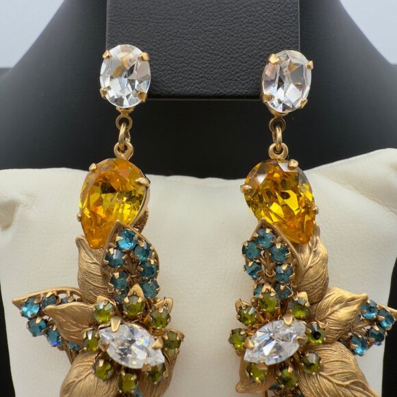 Ben Amun Signed BJ Gold Tone Filigree Crystal Dangle Drop Earrings Statement - Picture 4 of 11